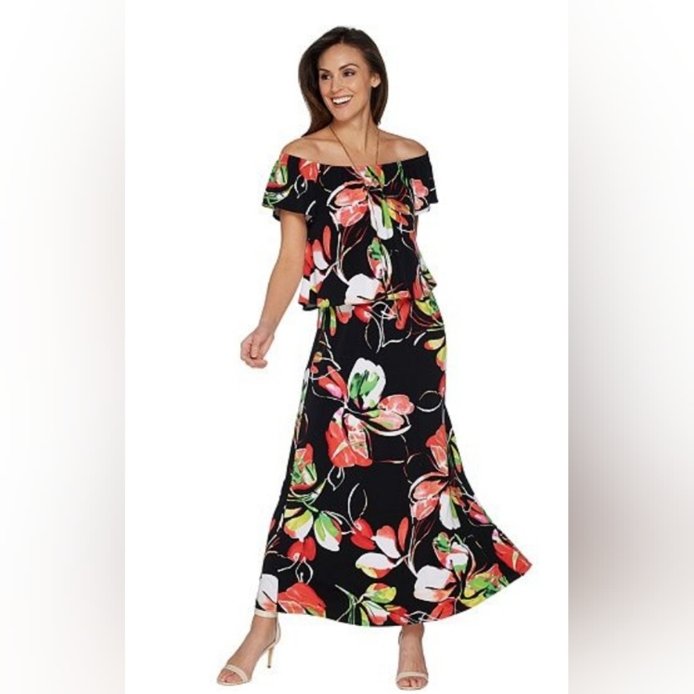 Susan Graver Liquid Knit On/Off Shoulder Flowy Bodice Maxi Dress